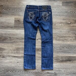 Designer Jeans‎ w Rhinestone Tiger Head Embellishment Dark Wash Denim